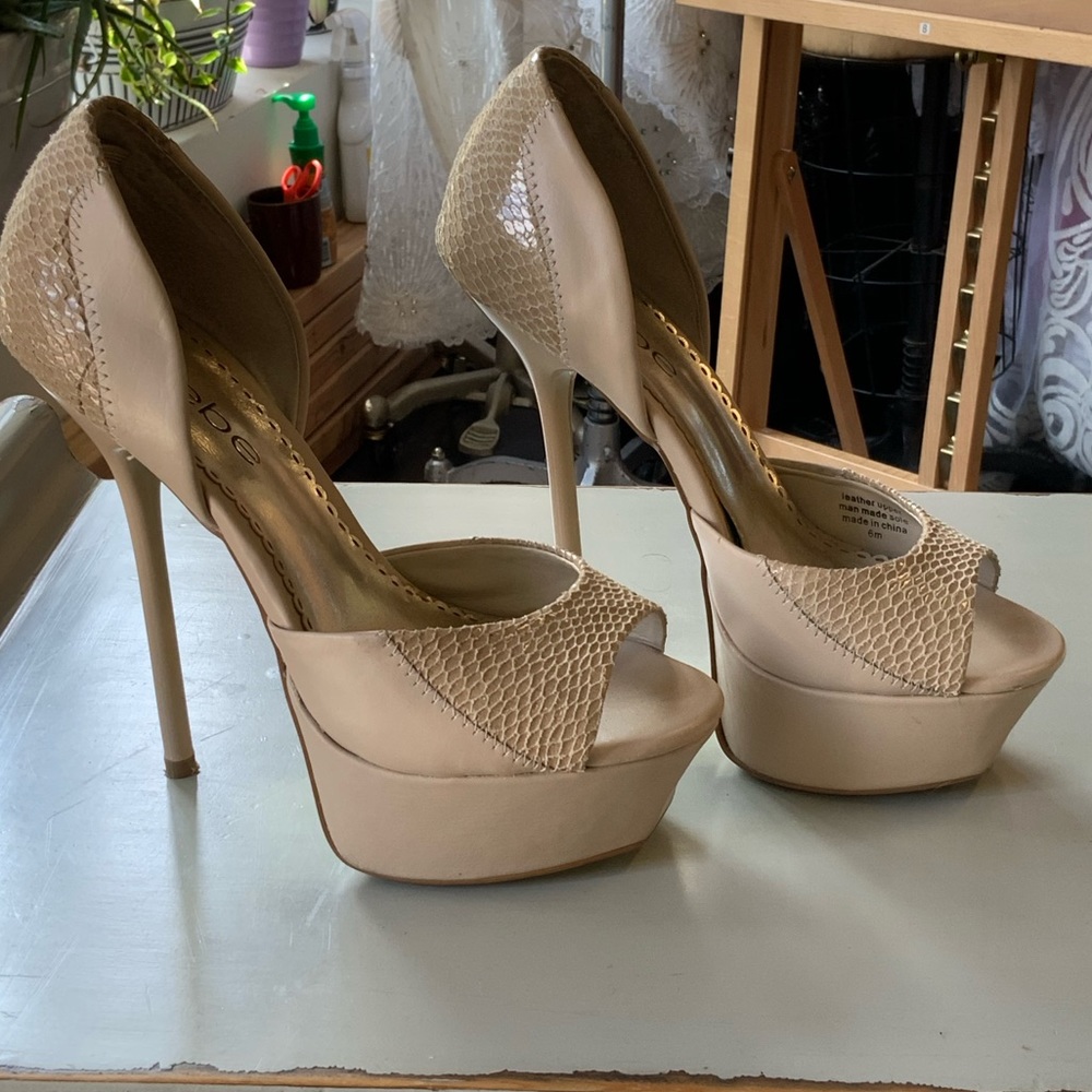bebe Beige Peep Toe Platform Heels